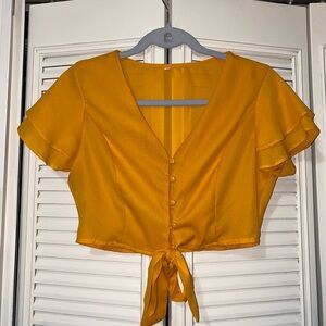 Mustard Yellow Button-Down Tie-Front Top